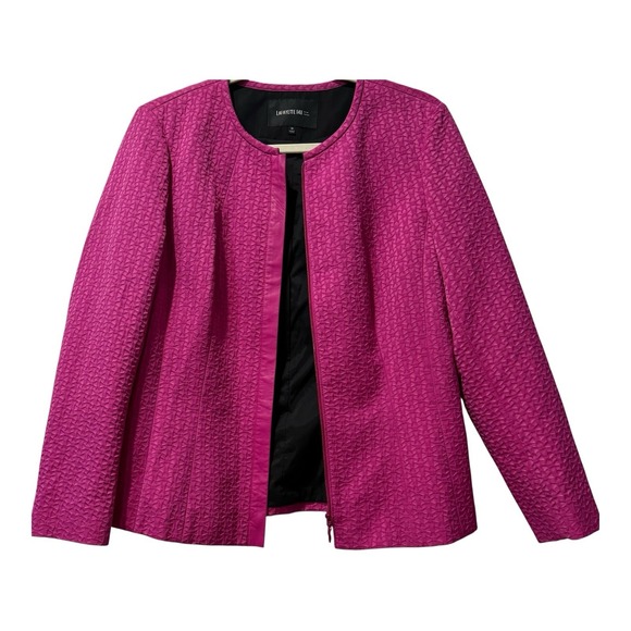 Lafayette 148 Pink Zipper Front Blazer Textured Pink with Leather Trim SZ 10 - Picture 3 of 6